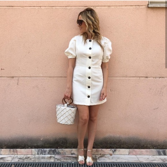 Zara White Linen Dress Puff Sleeves 